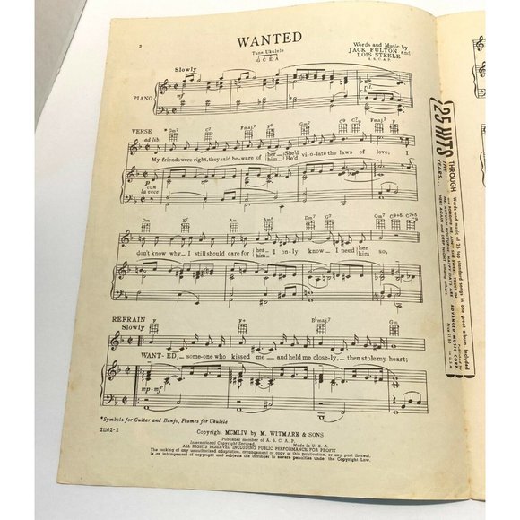 Wanted Vintage Piano Sheet Music Jack Fulton Lois Steele 1954 Perry Como - Picture 2 of 4
